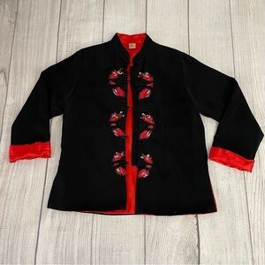 Vintage Women’s Asian Embroidered Silk Decorative Jacket Red & Black Size Medium